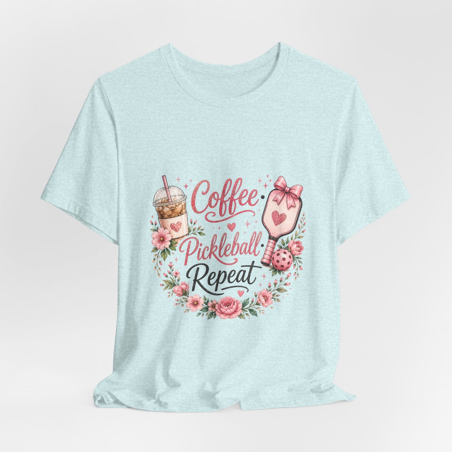 Pickleball Tee — "Coffee, Pickleball, Repeat" Floral Graphic Shirt