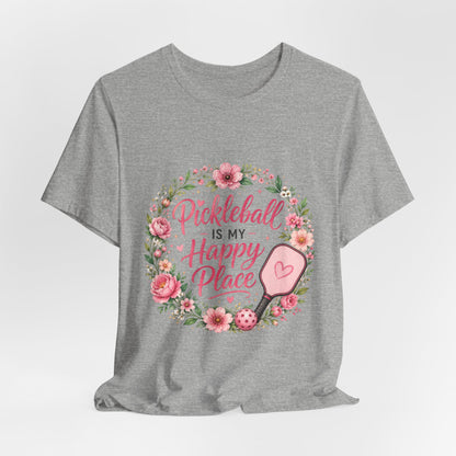 Pickleball Is My Happy Place T-Shirt — Floral Pink Paddle Tee