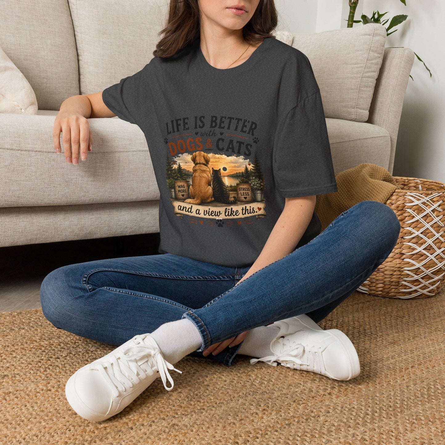Life Is Better with Dogs & Cats T-Shirt — Pet Lover Sunset Graphic Tee