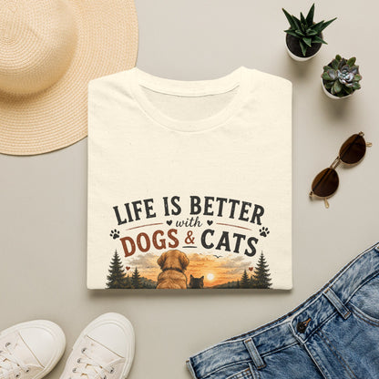 Life Is Better with Dogs & Cats T-Shirt — Pet Lover Sunset Graphic Tee