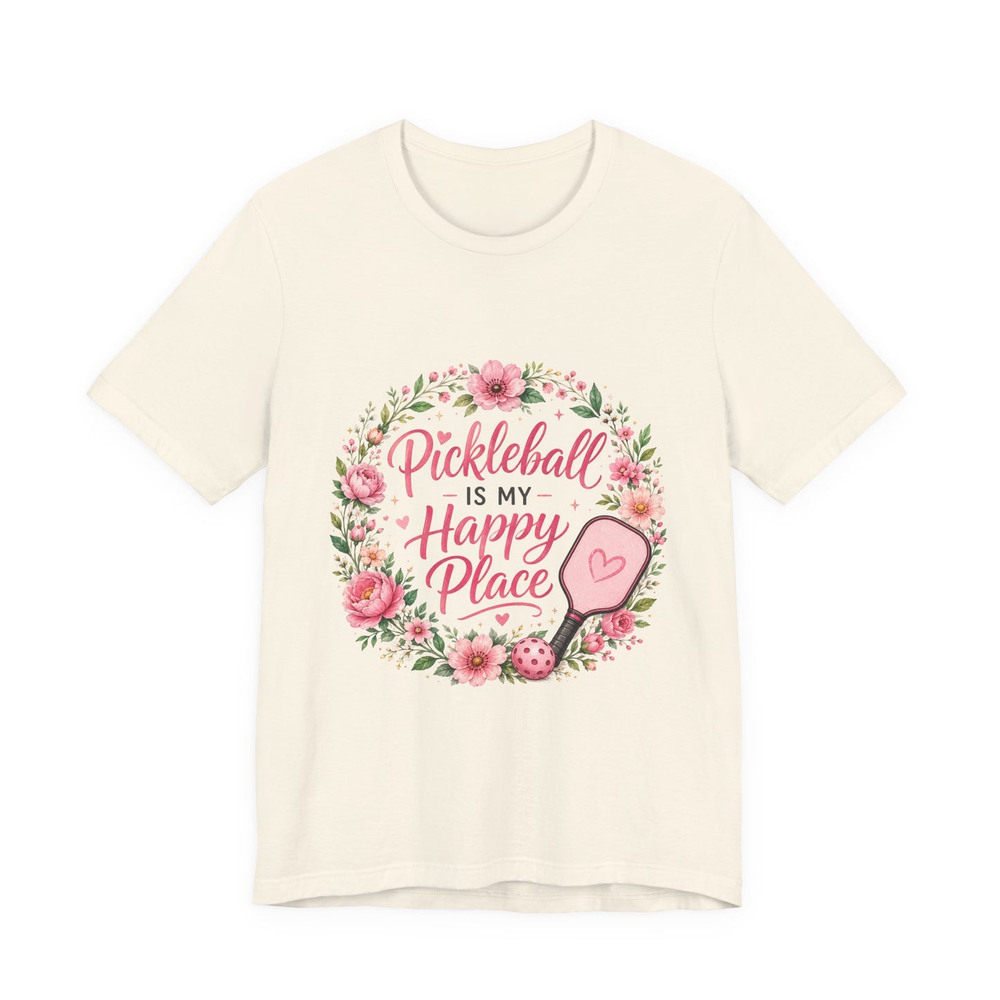 Pickleball Is My Happy Place T-Shirt — Floral Pink Paddle Tee