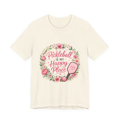 Pickleball Is My Happy Place T-Shirt — Floral Pink Paddle Tee