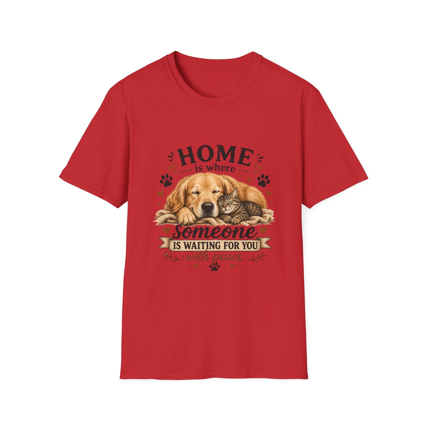 T-Shirt — "Home is where someone is waiting for you with paws" Cute Golden Retriever Dog & Cat Cozy Tee
