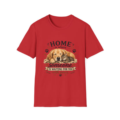 T-Shirt — "Home is where someone is waiting for you with paws" Cute Golden Retriever Dog & Cat Cozy Tee