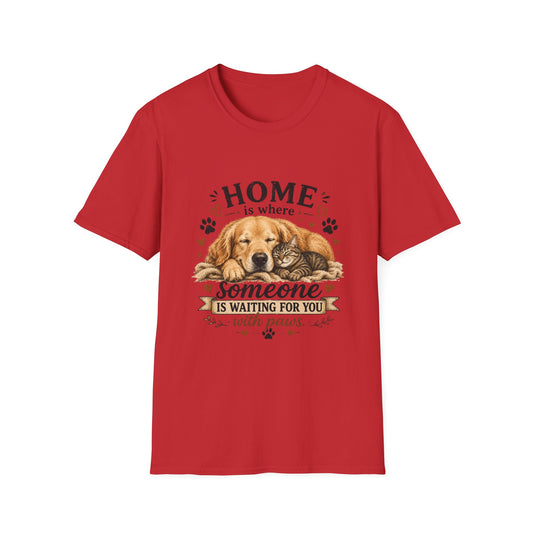 T-Shirt — "Home is where someone is waiting for you with paws" Cute Golden Retriever Dog & Cat Cozy Tee