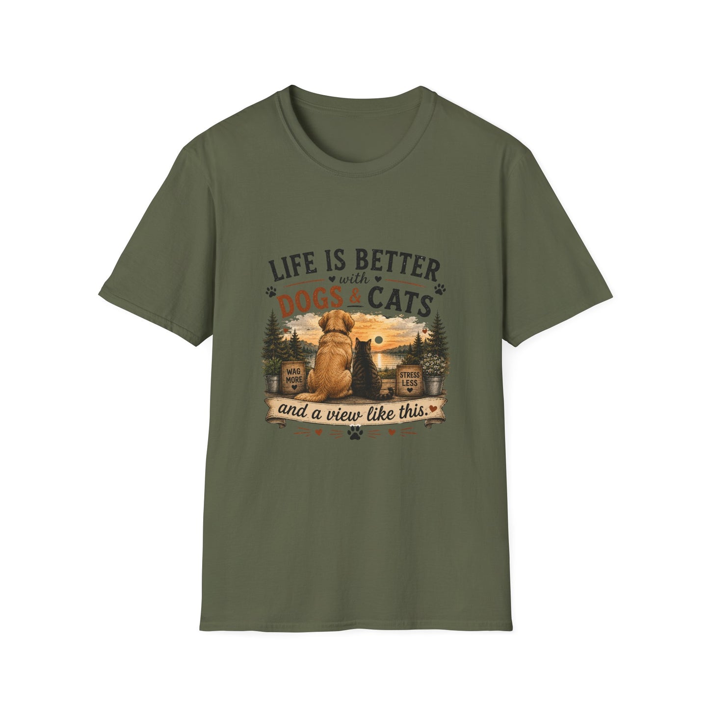 Life Is Better with Dogs & Cats T-Shirt — Pet Lover Sunset Graphic Tee