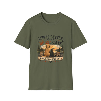 Life Is Better with Dogs & Cats T-Shirt — Pet Lover Sunset Graphic Tee