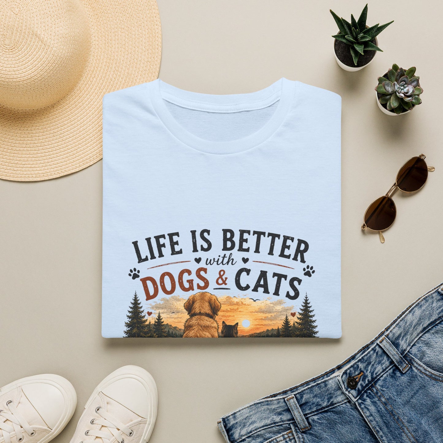 Life Is Better with Dogs & Cats T-Shirt — Pet Lover Sunset Graphic Tee