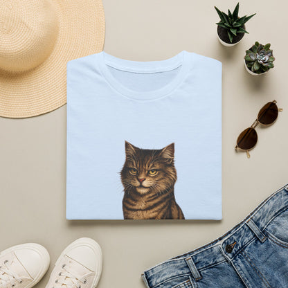 Grumpy Cat Portrait Funny T-Shirt— Realistic Brown Striped Cat Tee for Cat Lovers