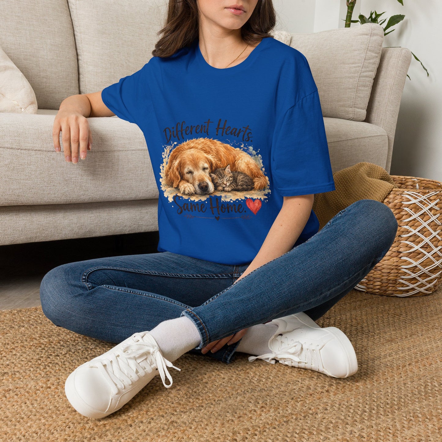 Dog and Cat Rescue T-Shirt – "Different Hearts, Same Home" Cozy Golden Retriever With Kitten Tee