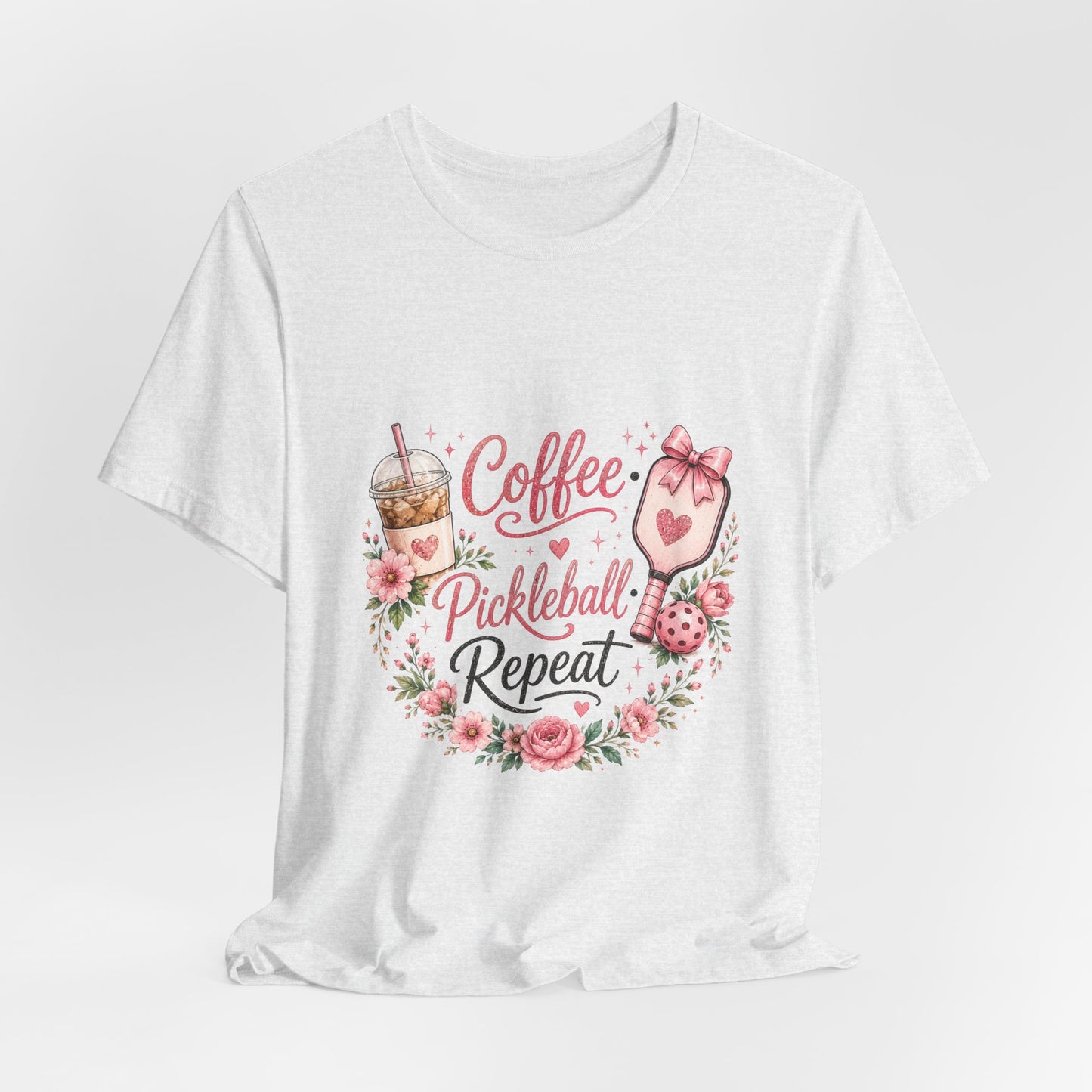 Pickleball Tee — "Coffee, Pickleball, Repeat" Floral Graphic Shirt