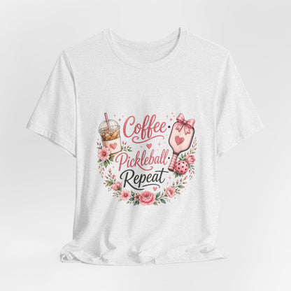 Pickleball Tee — "Coffee, Pickleball, Repeat" Floral Graphic Shirt