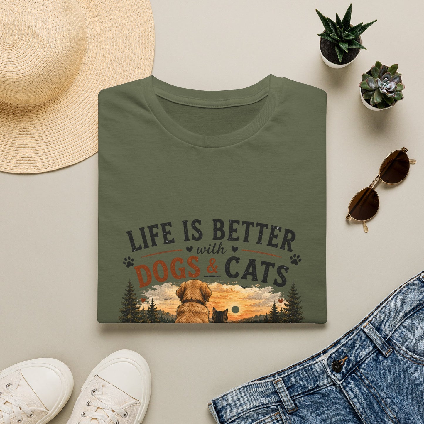 Life Is Better with Dogs & Cats T-Shirt — Pet Lover Sunset Graphic Tee