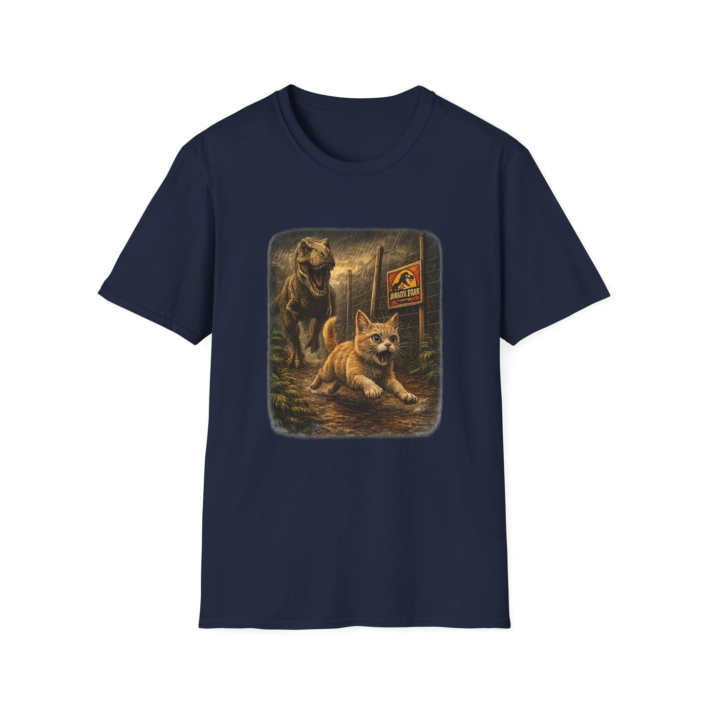 Jurassic Park Cats T‑Shirt — Retro Dino & Cat Mashup Tee