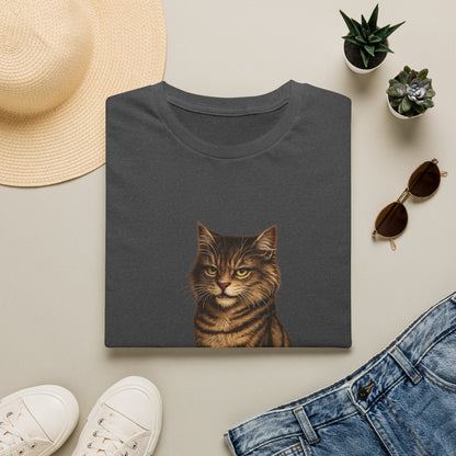 Grumpy Cat Portrait Funny T-Shirt— Realistic Brown Striped Cat Tee for Cat Lovers
