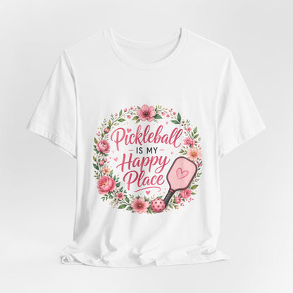 Pickleball Is My Happy Place T-Shirt — Floral Pink Paddle Tee