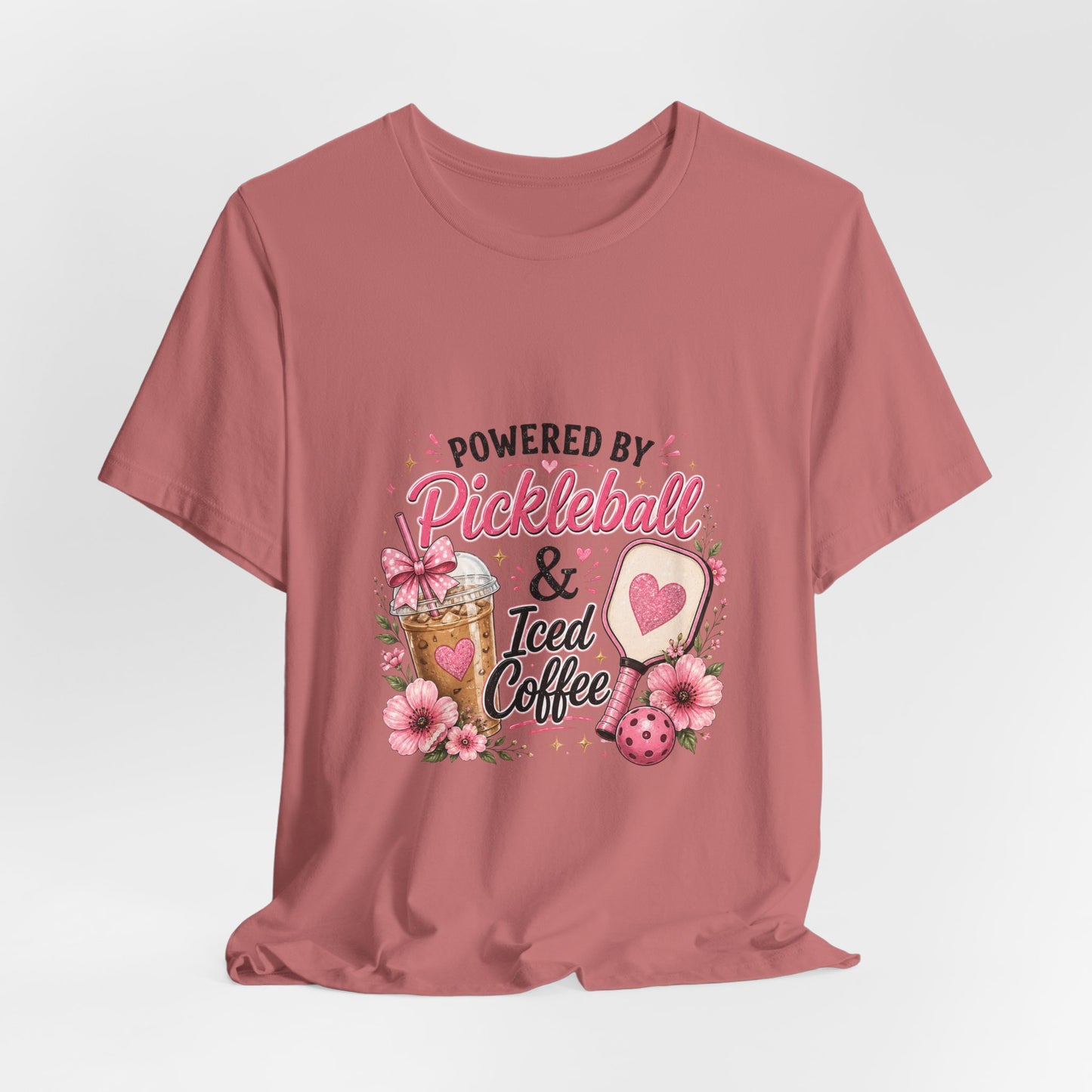 Pickleball & Iced Coffee Tee — 'Powered by Pickleball & Iced Coffee' Graphic Shirt