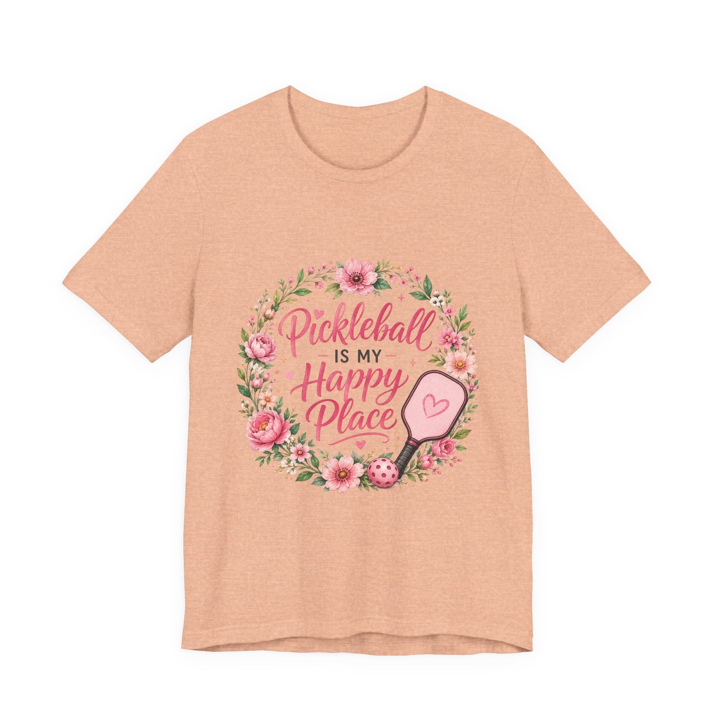 Pickleball Is My Happy Place T-Shirt — Floral Pink Paddle Tee