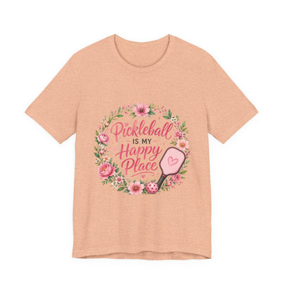 Pickleball Is My Happy Place T-Shirt — Floral Pink Paddle Tee