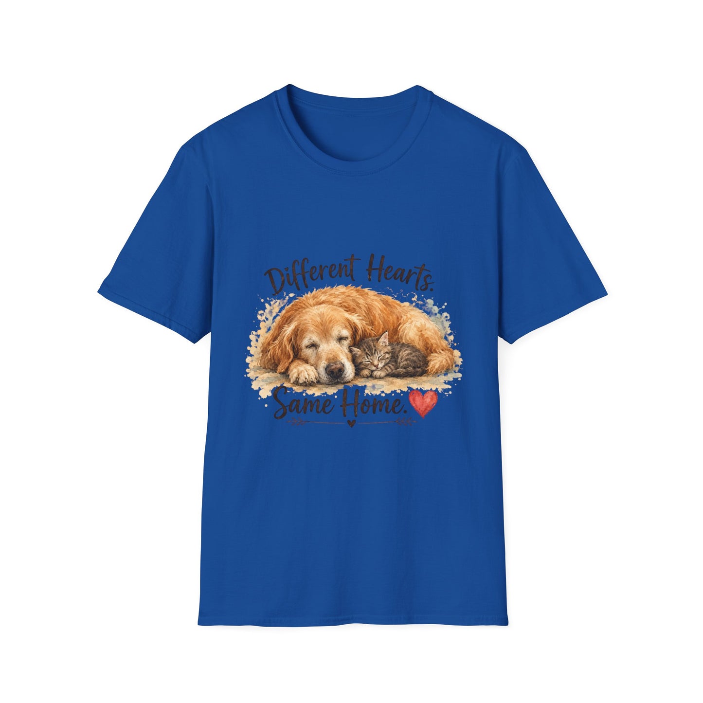 Dog and Cat Rescue T-Shirt – "Different Hearts, Same Home" Cozy Golden Retriever With Kitten Tee