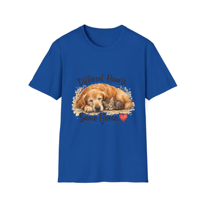 Dog and Cat Rescue T-Shirt – "Different Hearts, Same Home" Cozy Golden Retriever With Kitten Tee