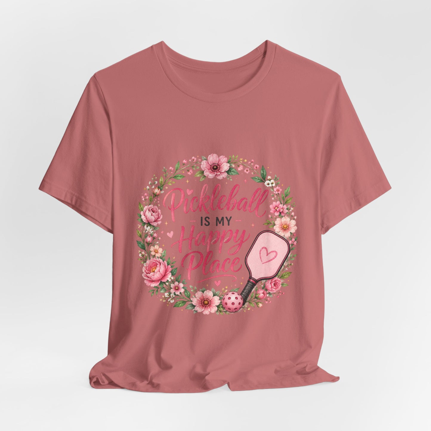 Pickleball Is My Happy Place T-Shirt — Floral Pink Paddle Tee