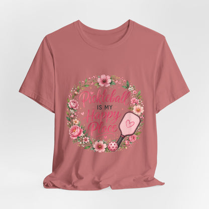 Pickleball Is My Happy Place T-Shirt — Floral Pink Paddle Tee