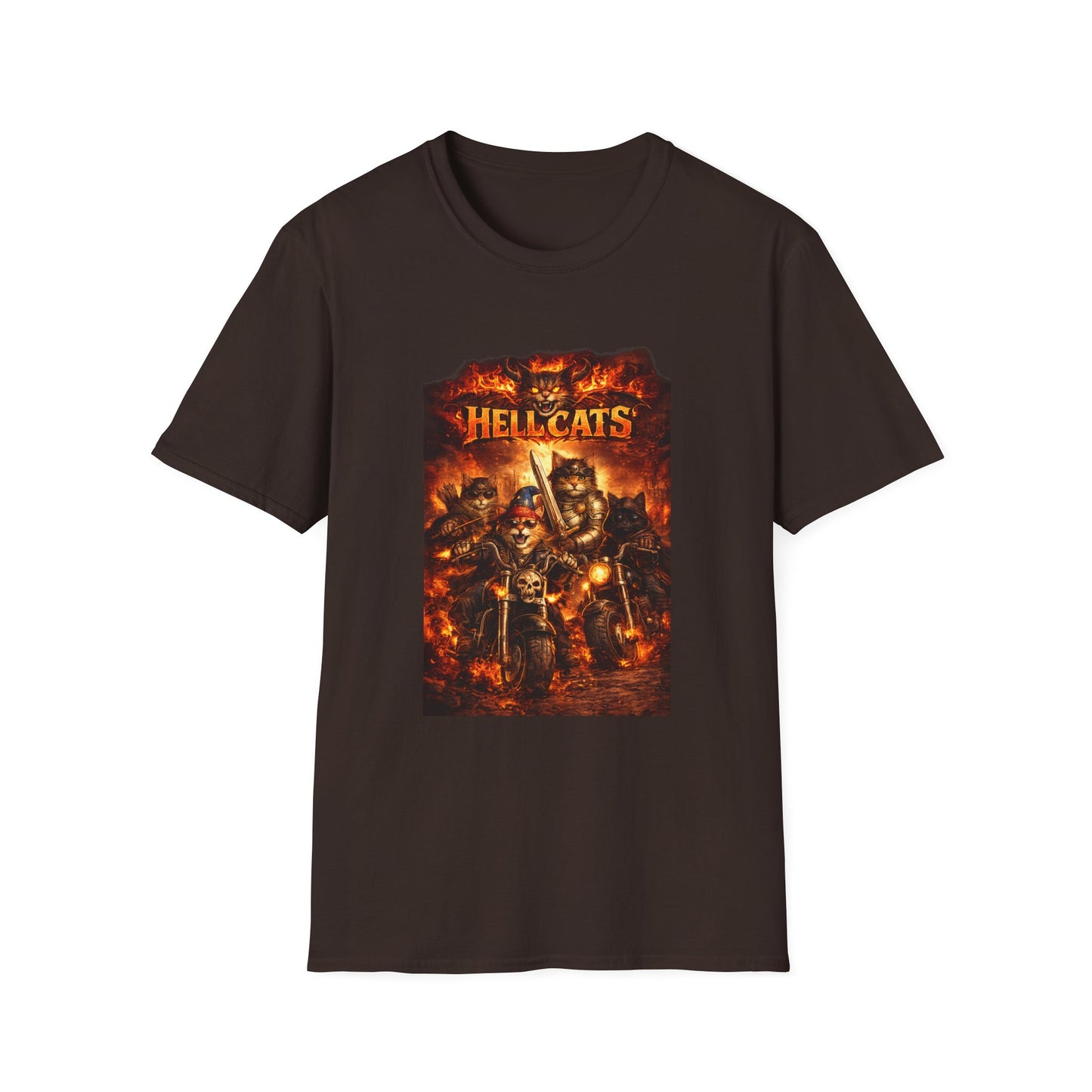 Hellcats Biker Gang Funny Cat T-Shirt — Fiery Demon Cat Band Tee