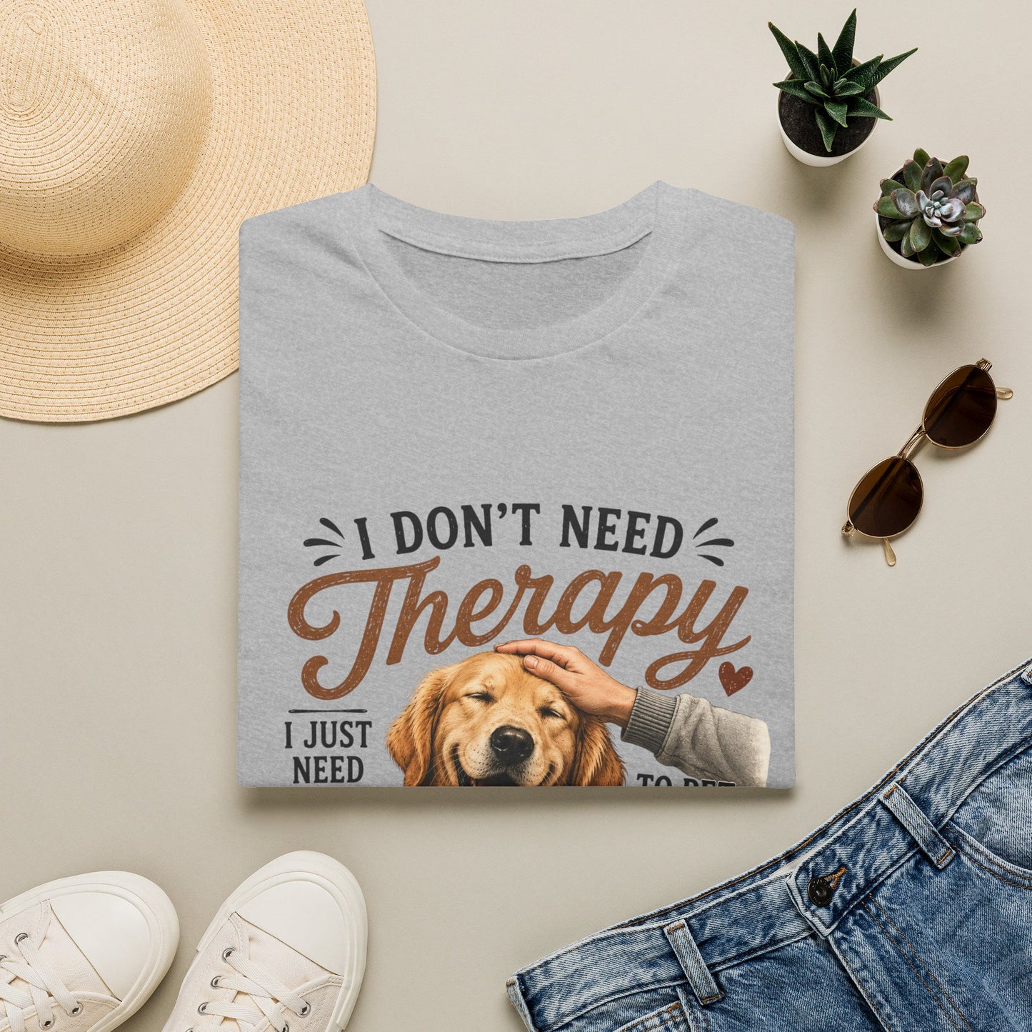 Dog Lover T‑Shirt — “I Don’t Need Therapy I Just Need To Pet My Dog” Cute Golden Retreiver Therapy Tee