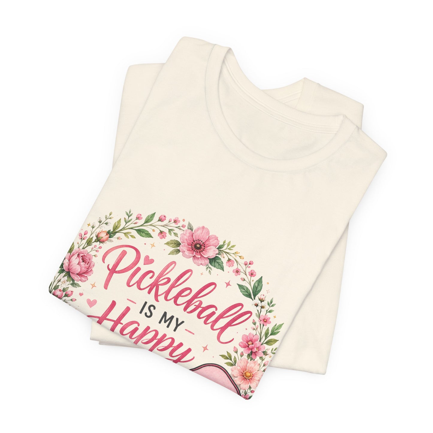 Pickleball Is My Happy Place T-Shirt — Floral Pink Paddle Tee
