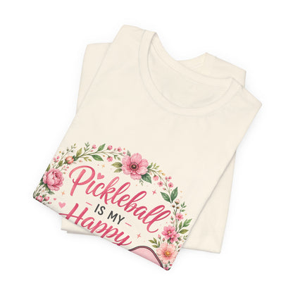 Pickleball Is My Happy Place T-Shirt — Floral Pink Paddle Tee