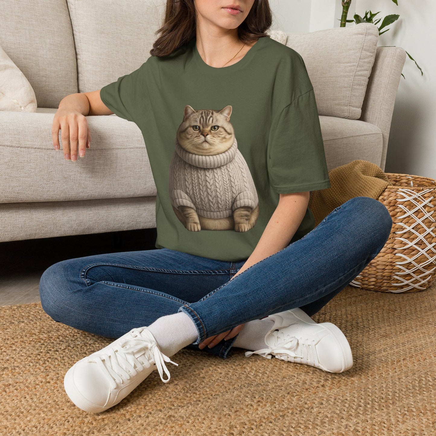 Chonky Sweater Cat - Cat in Cozy Sweater T-Shirt — Funny Cute Cat Graphic Tee