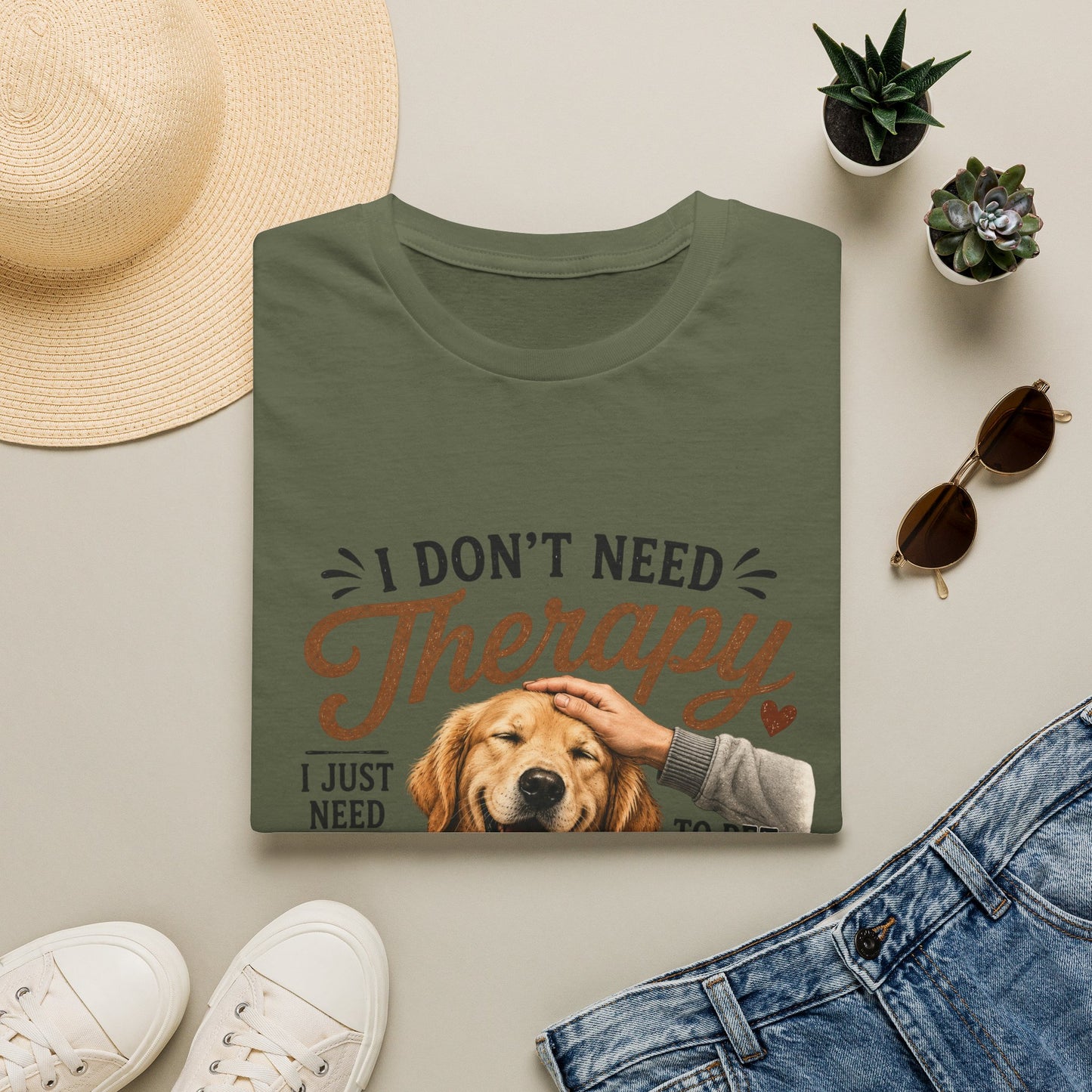 Dog Lover T‑Shirt — “I Don’t Need Therapy I Just Need To Pet My Dog” Cute Golden Retreiver Therapy Tee