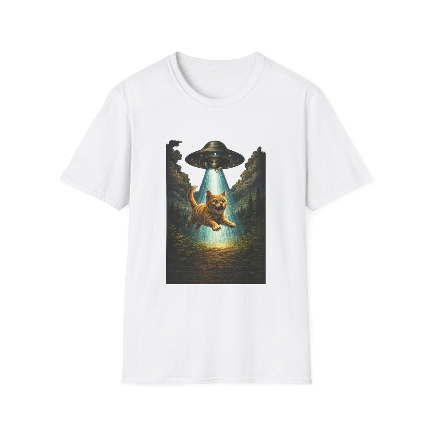 UFO Cat Abduction Funny T-Shirt — "Beam Me Up" Abduction Graphic Tee