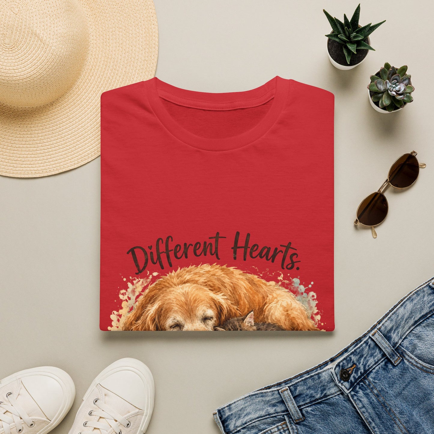Dog and Cat Rescue T-Shirt – "Different Hearts, Same Home" Cozy Golden Retriever With Kitten Tee