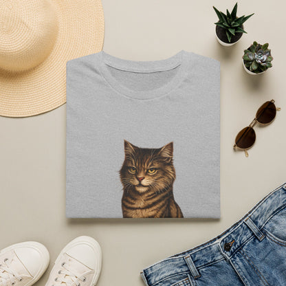 Grumpy Cat Portrait Funny T-Shirt— Realistic Brown Striped Cat Tee for Cat Lovers