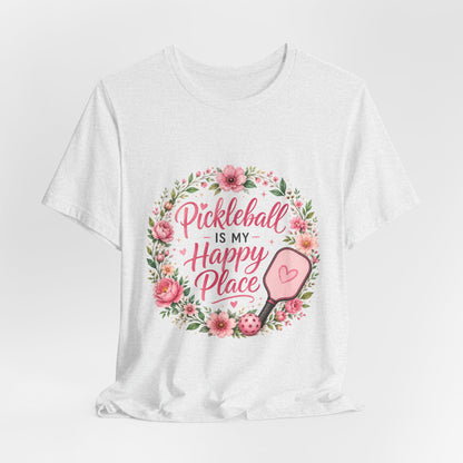 Pickleball Is My Happy Place T-Shirt — Floral Pink Paddle Tee