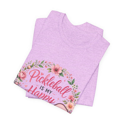 Pickleball Is My Happy Place T-Shirt — Floral Pink Paddle Tee