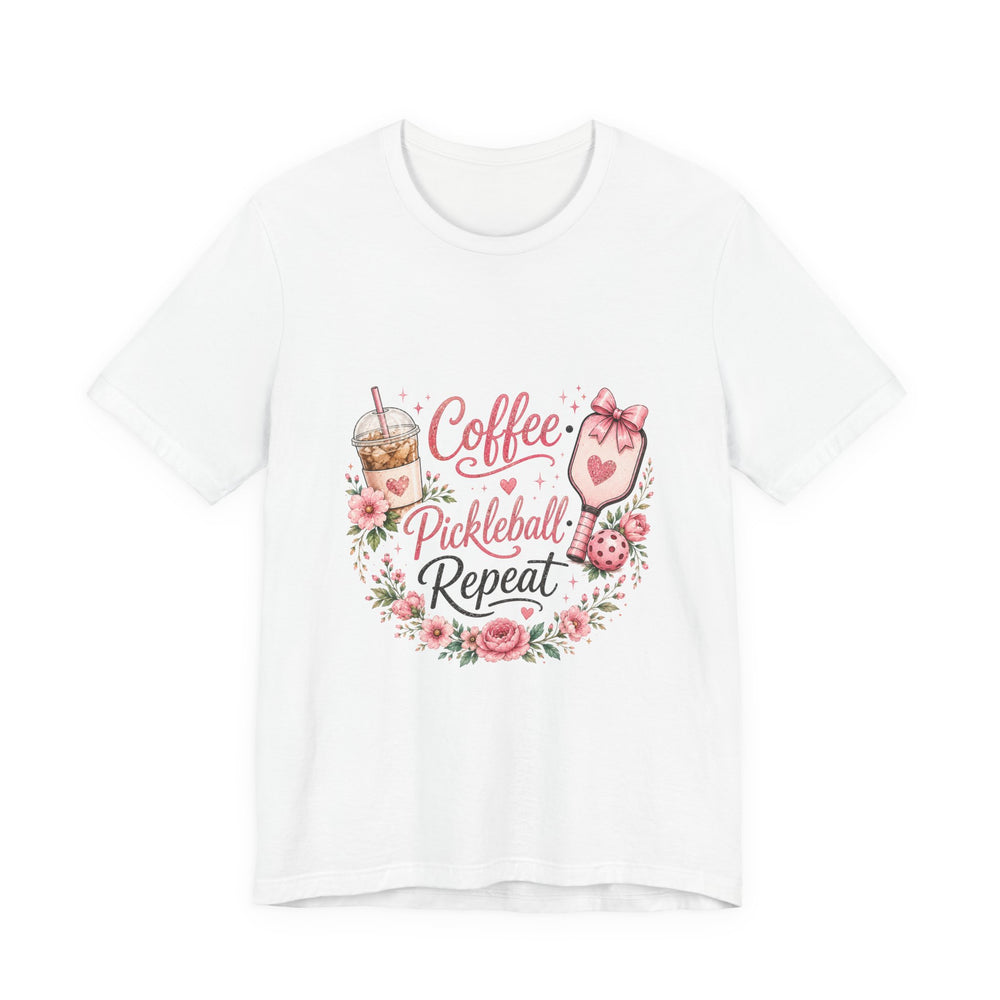 Pickleball Tee — "Coffee, Pickleball, Repeat" Floral Graphic Shirt