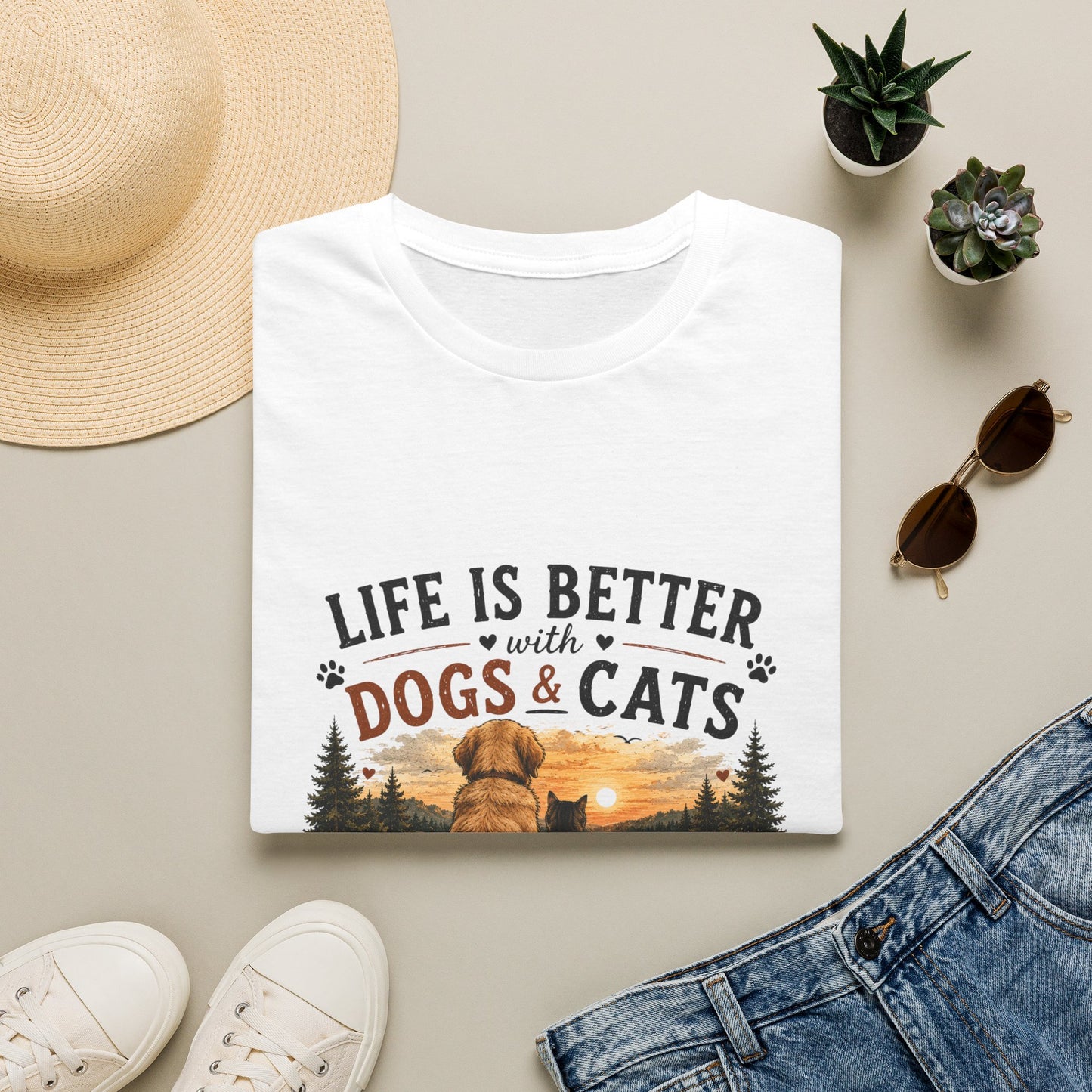 Life Is Better with Dogs & Cats T-Shirt — Pet Lover Sunset Graphic Tee