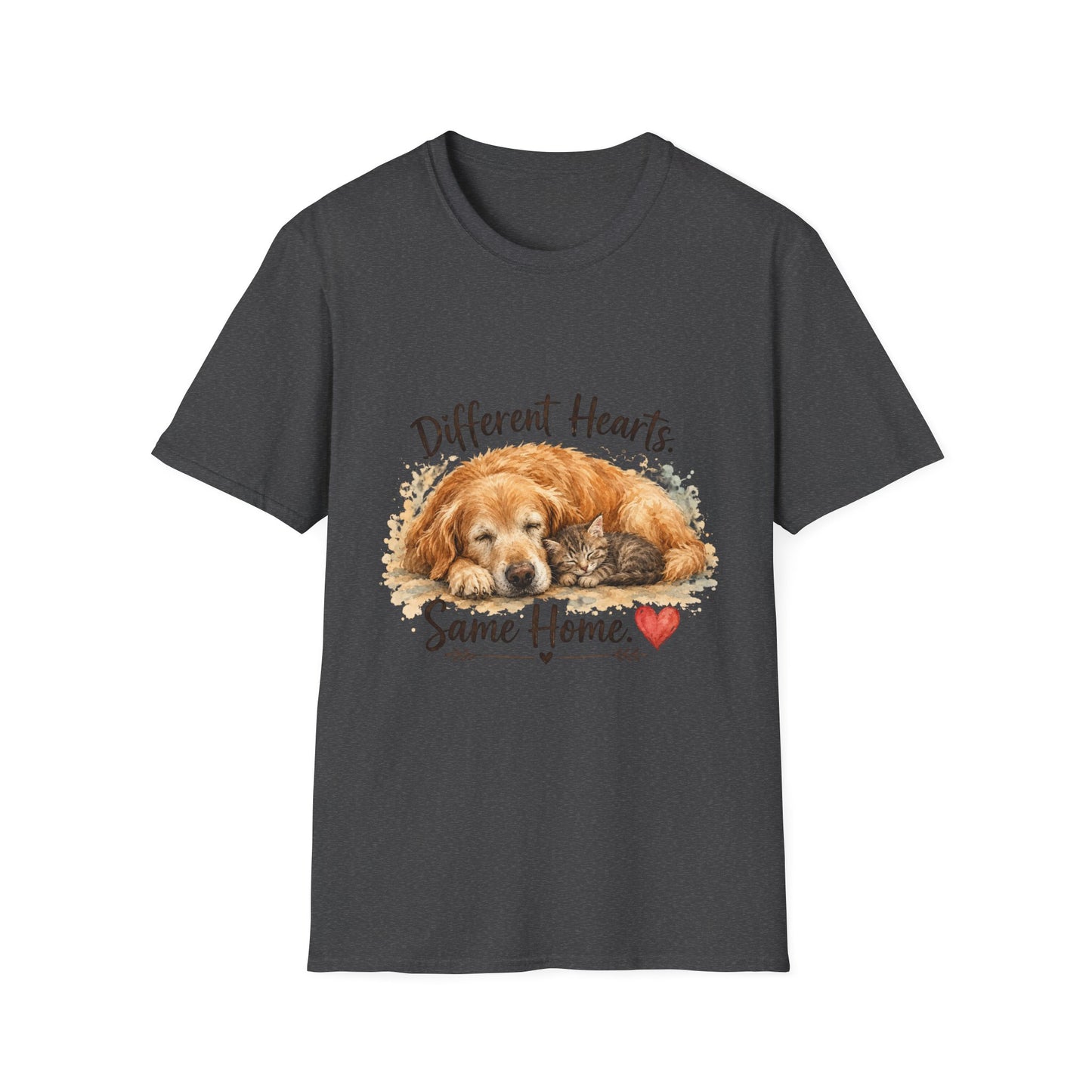 Dog and Cat Rescue T-Shirt – "Different Hearts, Same Home" Cozy Golden Retriever With Kitten Tee