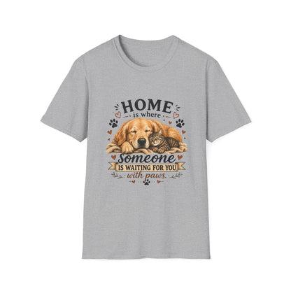 T-Shirt — "Home is where someone is waiting for you with paws" Cute Golden Retriever Dog & Cat Cozy Tee