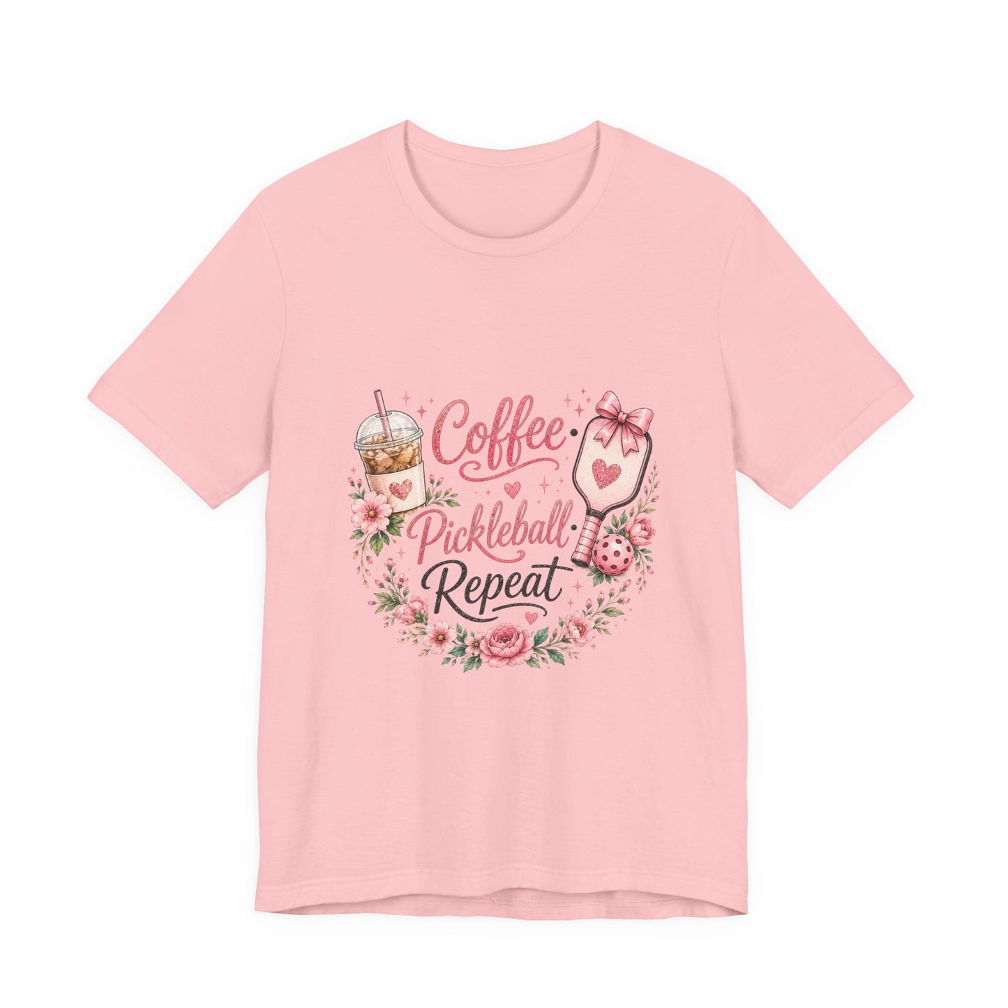 Pickleball Tee — "Coffee, Pickleball, Repeat" Floral Graphic Shirt