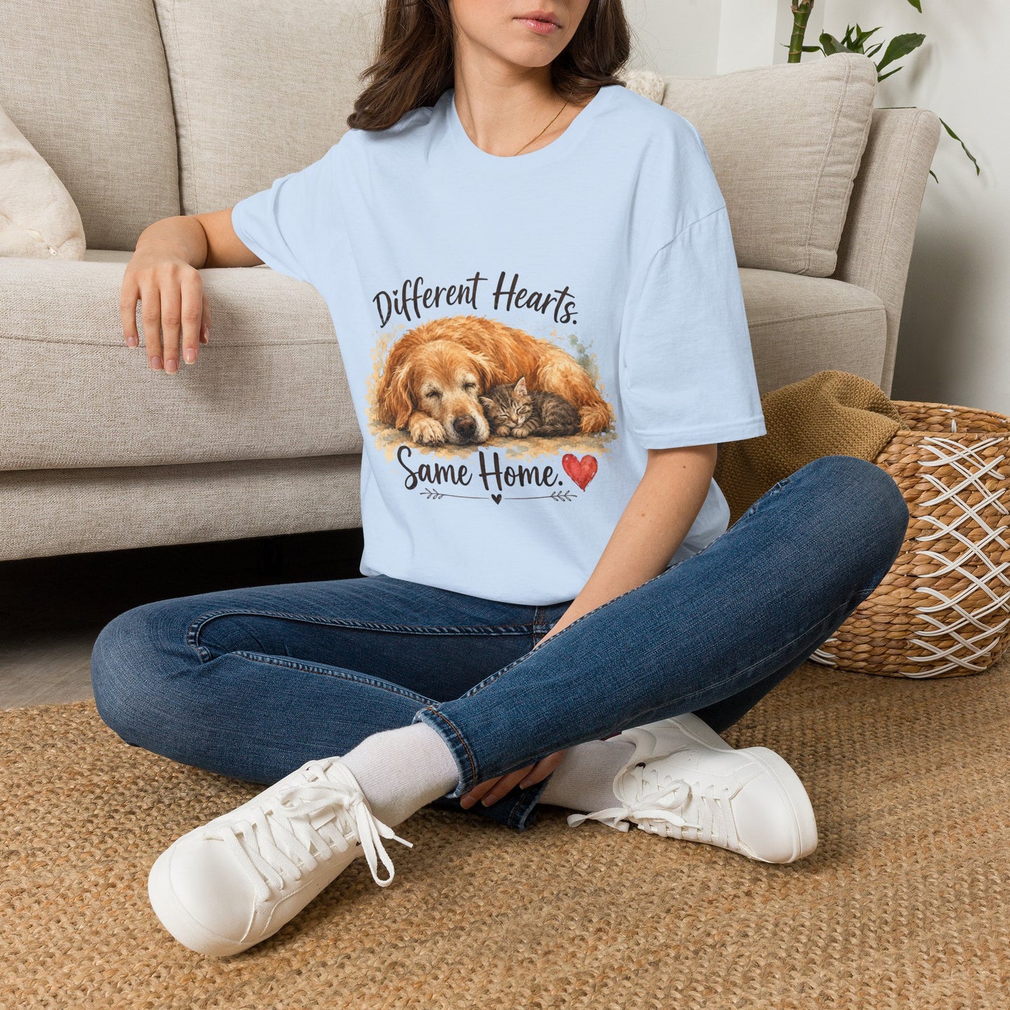 Dog and Cat Rescue T-Shirt – "Different Hearts, Same Home" Cozy Golden Retriever With Kitten Tee