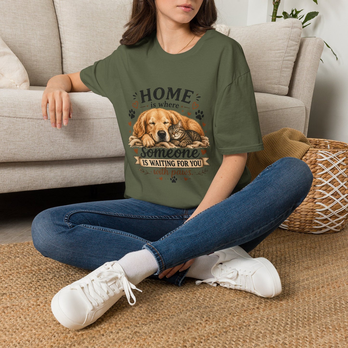 T-Shirt — "Home is where someone is waiting for you with paws" Cute Golden Retriever Dog & Cat Cozy Tee