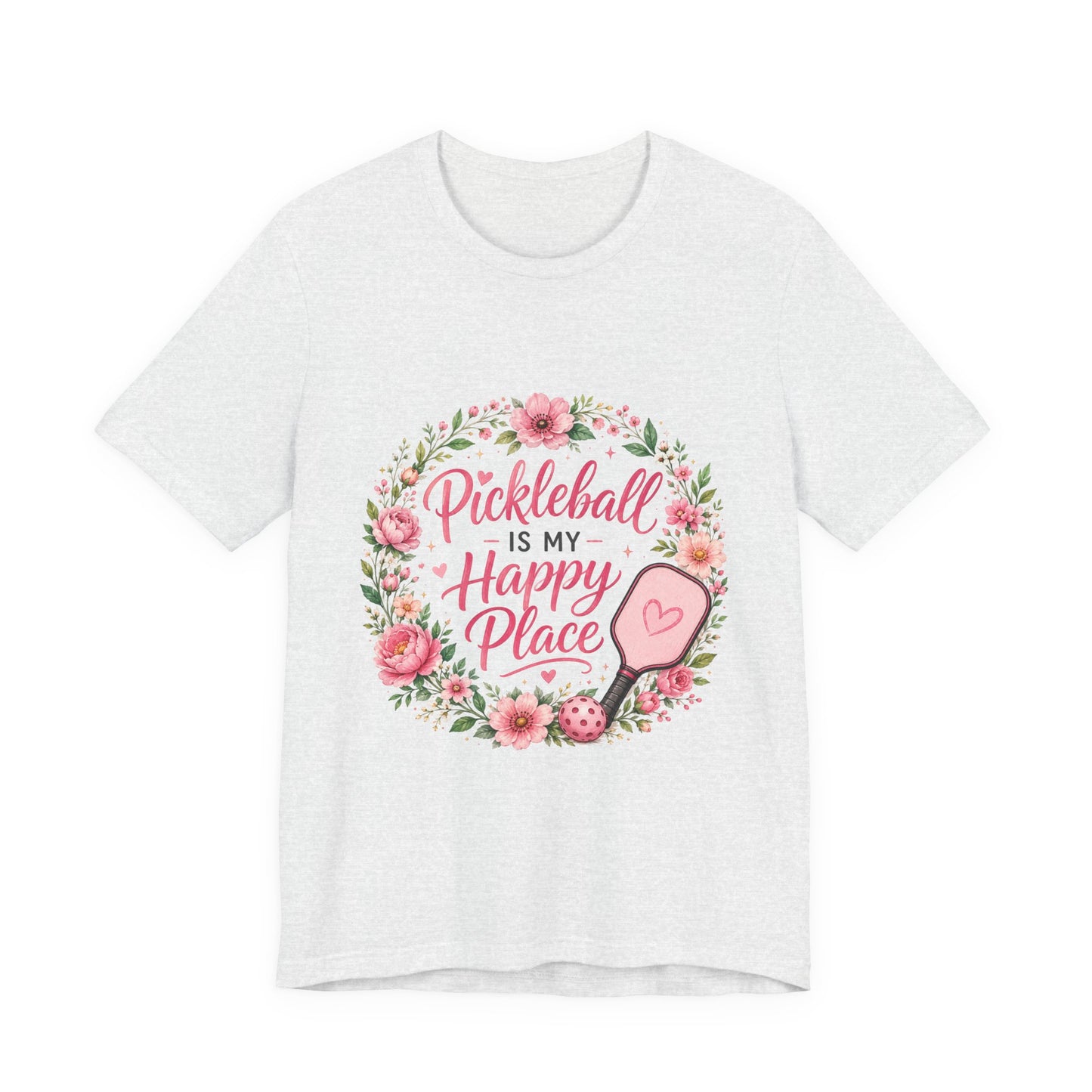 Pickleball Is My Happy Place T-Shirt — Floral Pink Paddle Tee