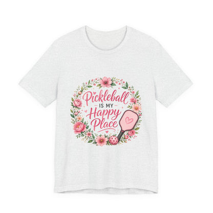 Pickleball Is My Happy Place T-Shirt — Floral Pink Paddle Tee