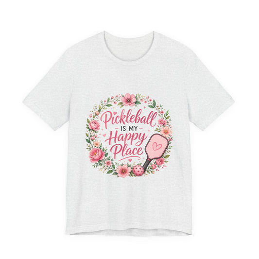 Pickleball Is My Happy Place T-Shirt — Floral Pink Paddle Tee