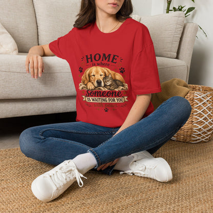 T-Shirt — "Home is where someone is waiting for you with paws" Cute Golden Retriever Dog & Cat Cozy Tee