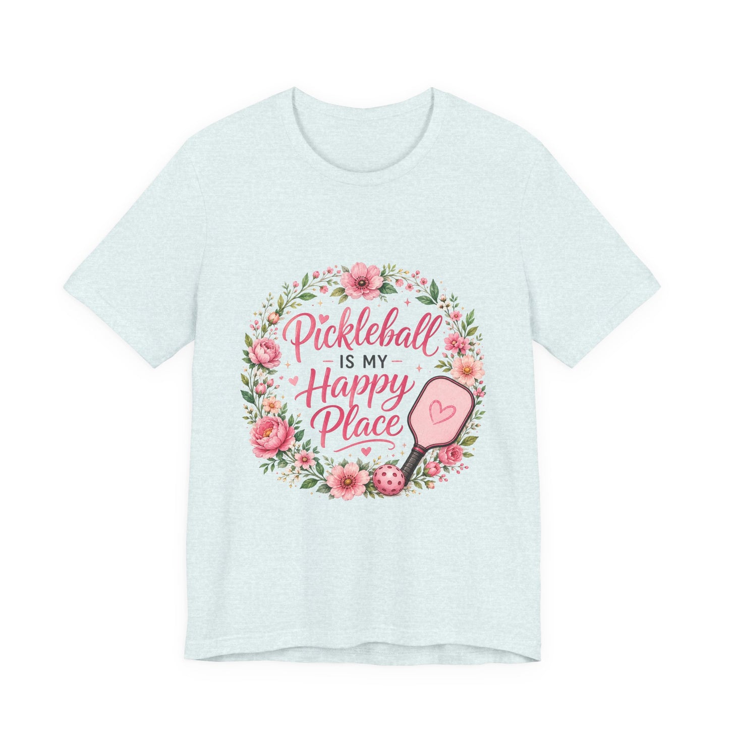 Pickleball Is My Happy Place T-Shirt — Floral Pink Paddle Tee